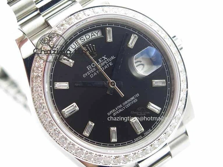 0109 Day Date 40mm SS BP Maker Best Edition Diamond Bezel Black Dial On SS Bracelet ETA Unique 3693